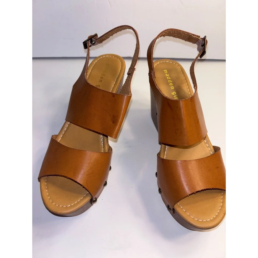 Madden Girl Driiggs Wedge Sandal Women's 8.5 Brown Faux Leather Comfort Open Toe